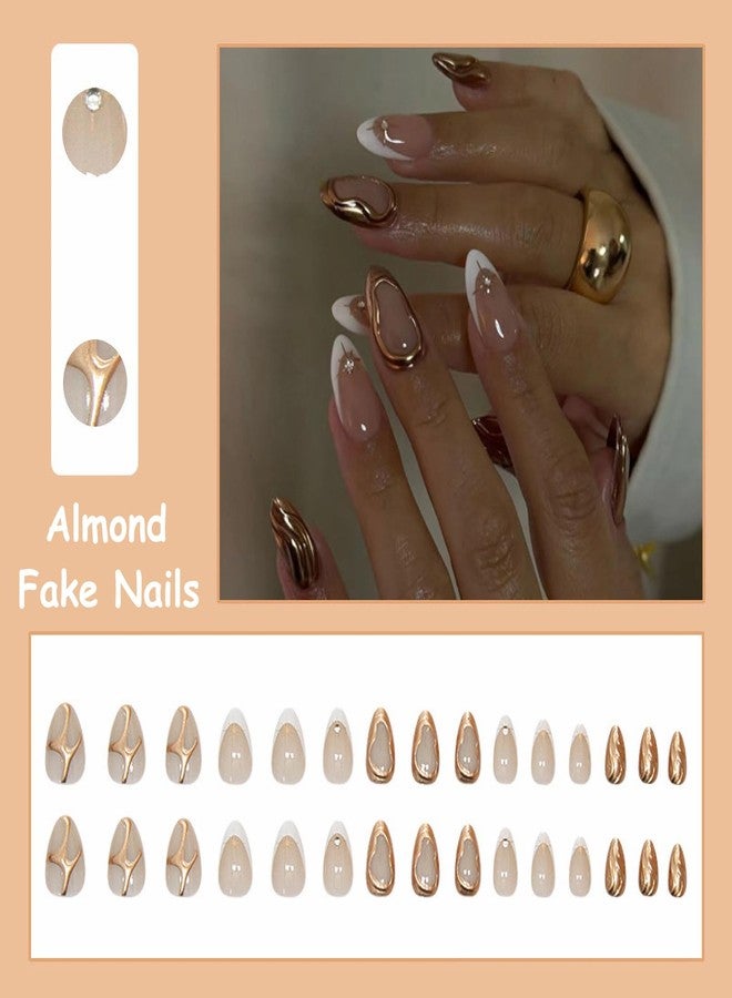 MISUD Press on Nails - Short Almond Glue on Nails with Gold Chrome, Acrylic White French Tip Design 30 pcs - Image 5