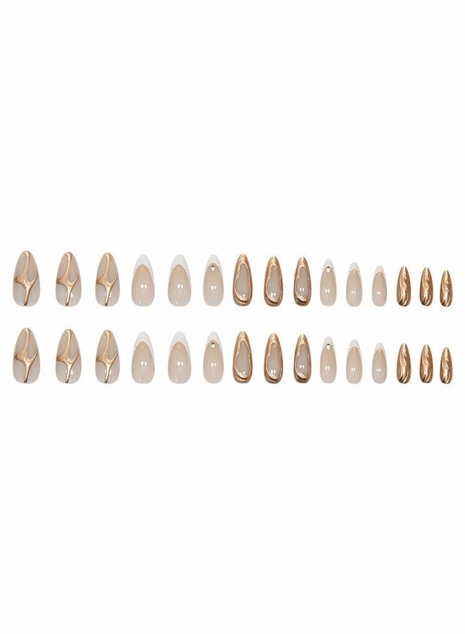 MISUD Press on Nails - Short Almond Glue on Nails with Gold Chrome, Acrylic White French Tip Design 30 pcs - Image 4