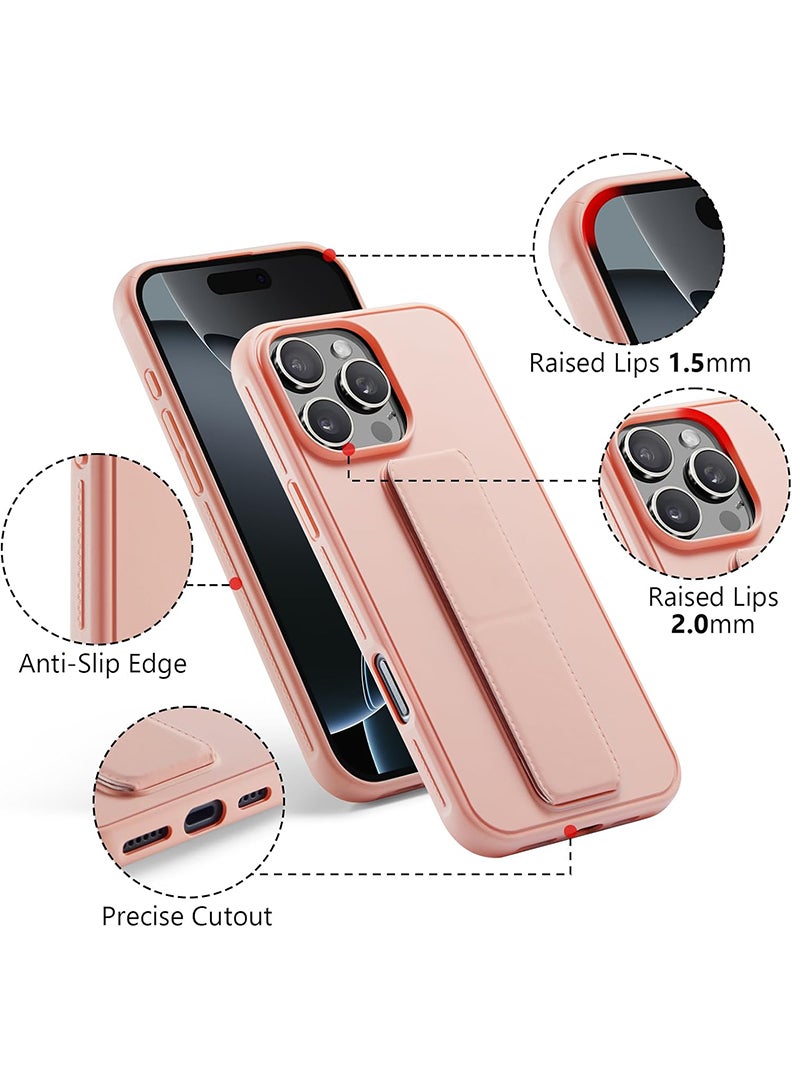 رفع القضية متوافق مع حافظة هاتف Apple iPhone 16 Pro مع حامل مغناطيسي وحامل، غطاء حامل بحزام من السيليكون الفاخر بمقبض أصابع السيارة - وردي - Image 2