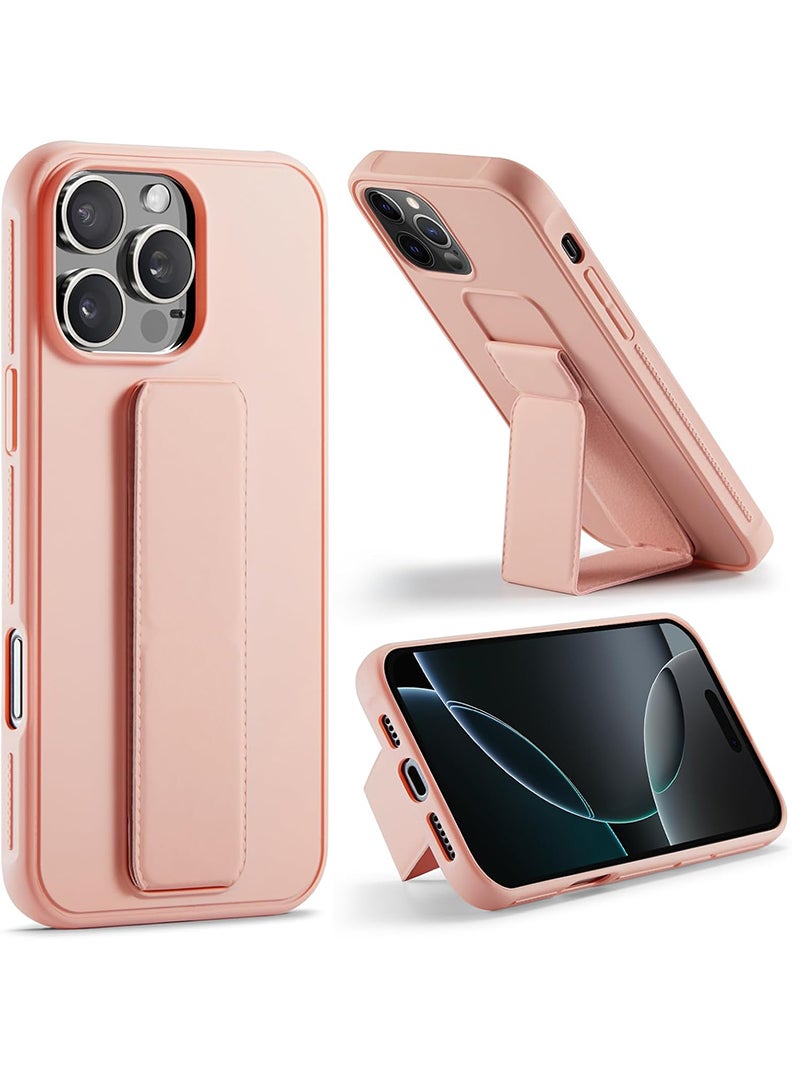 رفع القضية متوافق مع حافظة هاتف Apple iPhone 16 Pro مع حامل مغناطيسي وحامل، غطاء حامل بحزام من السيليكون الفاخر بمقبض أصابع السيارة - وردي - Image 1