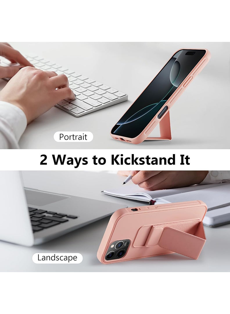 رفع القضية متوافق مع حافظة هاتف Apple iPhone 16 Pro مع حامل مغناطيسي وحامل، غطاء حامل بحزام من السيليكون الفاخر بمقبض أصابع السيارة - وردي - Image 3
