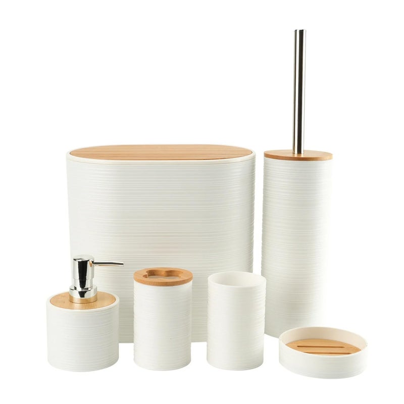 6 Piece Eco Friendly Bamboo Plastic Bathroom Set, Includes Toothbrush Case, Soap Dispenser, Toilet Cleaner, Stylish and Durable Design for Home and Hotel Use – (White) - Image 1