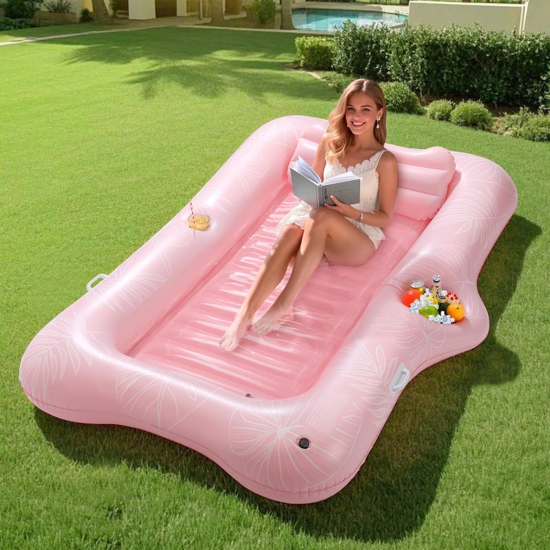 MoKo Pool Floats Adult, 82" x 50" Large Floating Bed with Ice Bar, Tanning Bed Pool Raft Inflatable Lounger with Drink Holder Tanning Chair Inflatable Pool Toys for Party Beach Backyard, Pink Leaf - Image 1