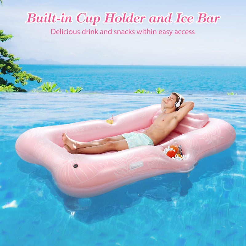 MoKo Pool Floats Adult, 82" x 50" Large Floating Bed with Ice Bar, Tanning Bed Pool Raft Inflatable Lounger with Drink Holder Tanning Chair Inflatable Pool Toys for Party Beach Backyard, Pink Leaf - Image 5