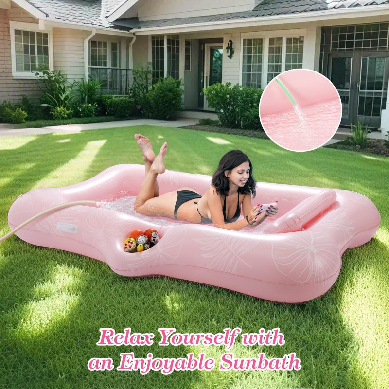 MoKo Pool Floats Adult, 82" x 50" Large Floating Bed with Ice Bar, Tanning Bed Pool Raft Inflatable Lounger with Drink Holder Tanning Chair Inflatable Pool Toys for Party Beach Backyard, Pink Leaf - Image 3