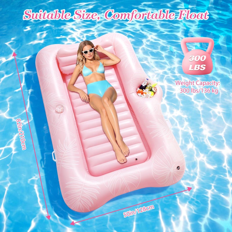 MoKo Pool Floats Adult, 82" x 50" Large Floating Bed with Ice Bar, Tanning Bed Pool Raft Inflatable Lounger with Drink Holder Tanning Chair Inflatable Pool Toys for Party Beach Backyard, Pink Leaf - Image 2