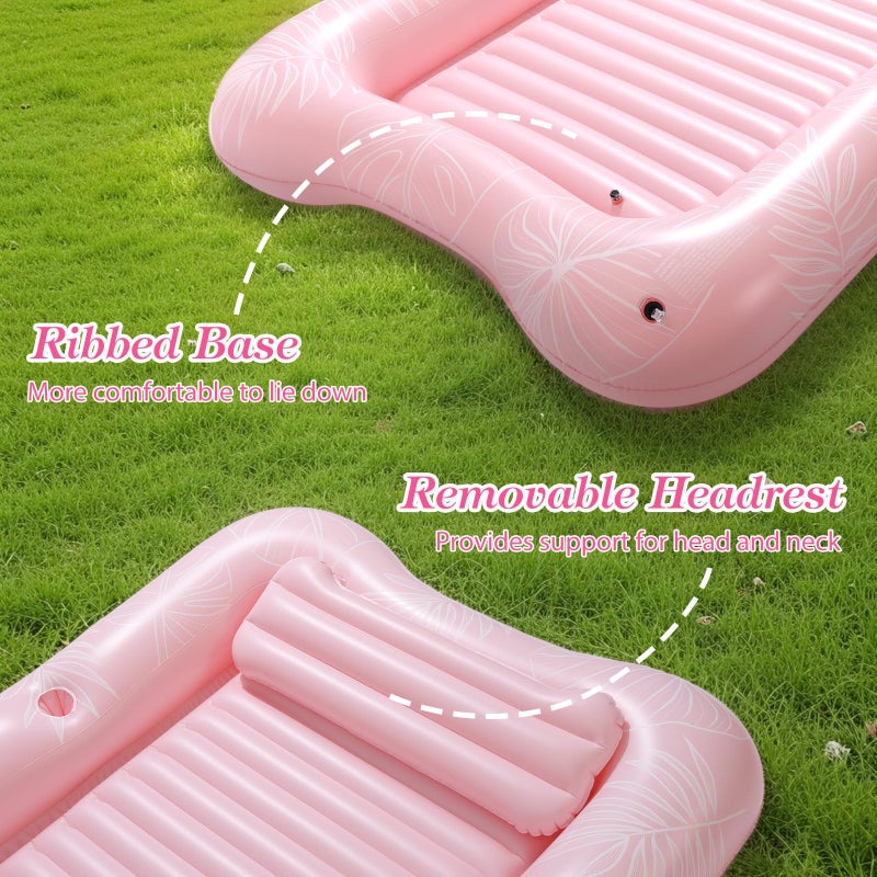 MoKo Pool Floats Adult, 82" x 50" Large Floating Bed with Ice Bar, Tanning Bed Pool Raft Inflatable Lounger with Drink Holder Tanning Chair Inflatable Pool Toys for Party Beach Backyard, Pink Leaf - Image 4