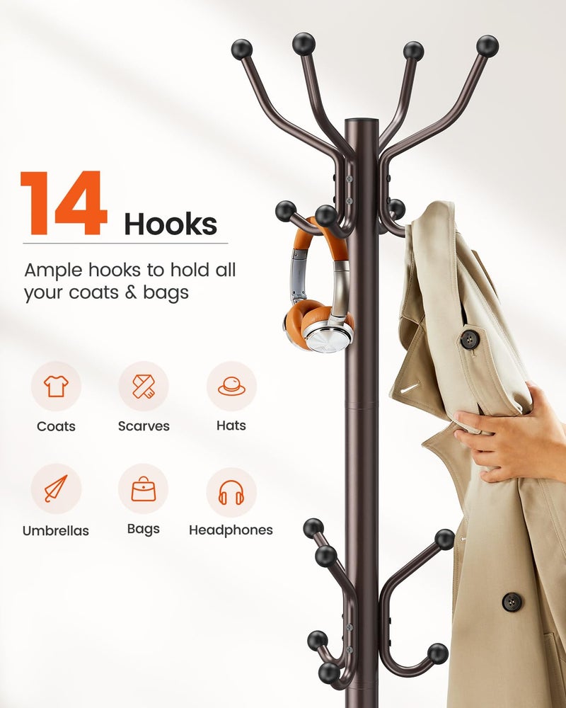 Pipishell Coat Rack with 14 Hooks, Freestanding Coat Rack Stand for Entryway, Hallway, Bedroom, and Office, Metal Coat Tree & Hat Rack for Coats, Hats, and Bags, Brown - Image 3