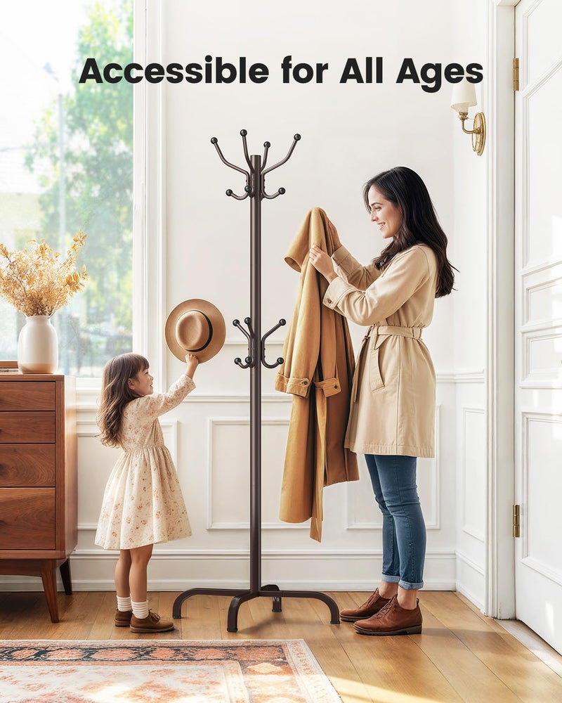 Pipishell Coat Rack with 14 Hooks, Freestanding Coat Rack Stand for Entryway, Hallway, Bedroom, and Office, Metal Coat Tree & Hat Rack for Coats, Hats, and Bags, Brown - Image 4