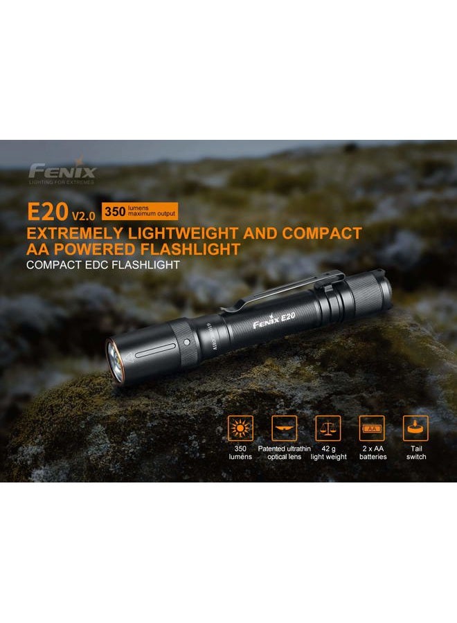 fenix مصباح يدوي تكتيكي LED E20 V2 بقوة 350 لومن مع بطاريتين قلوية AA من إيديسون برايت - Image 2
