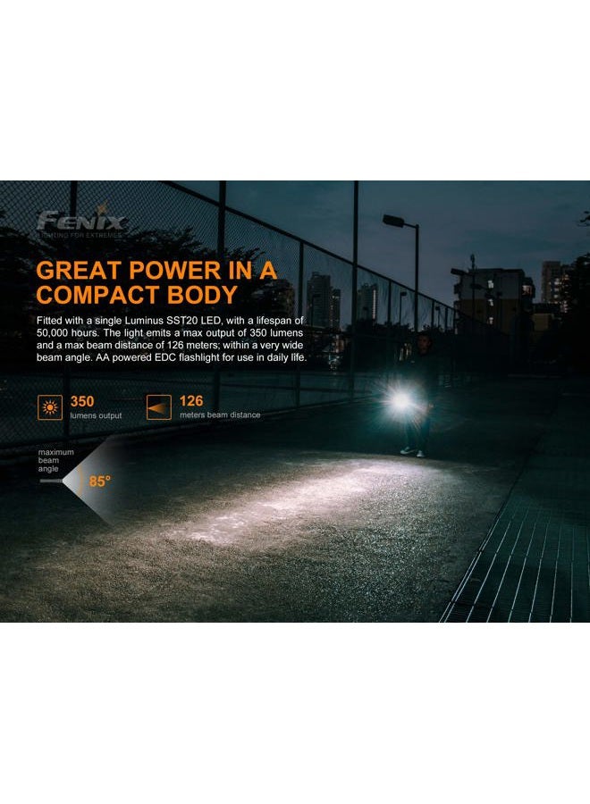fenix مصباح يدوي تكتيكي LED E20 V2 بقوة 350 لومن مع بطاريتين قلوية AA من إيديسون برايت - Image 3