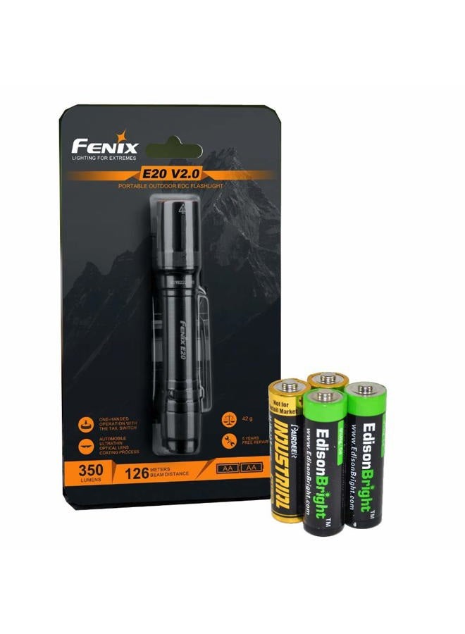 fenix مصباح يدوي تكتيكي LED E20 V2 بقوة 350 لومن مع بطاريتين قلوية AA من إيديسون برايت - Image 1