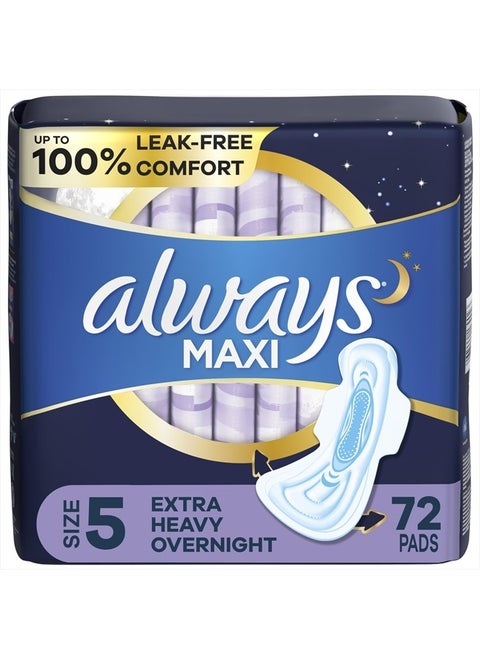 Maxi Overnight Pads with Wings, Size 5, Extra Heavy Overnight, Unscented, 72 Count