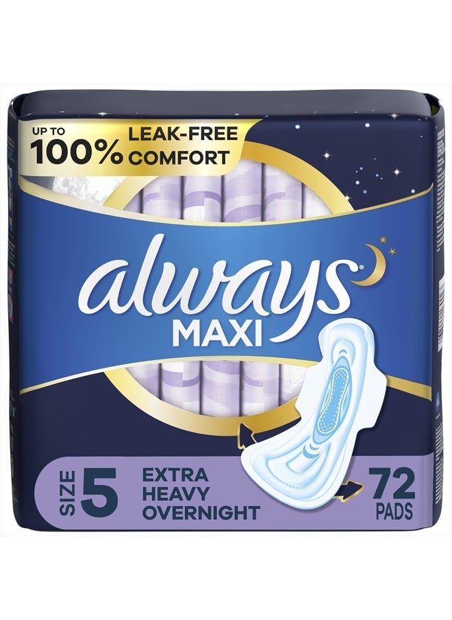 Maxi Overnight Pads with Wings, Size 5, Extra Heavy Overnight, Unscented, 72 Count