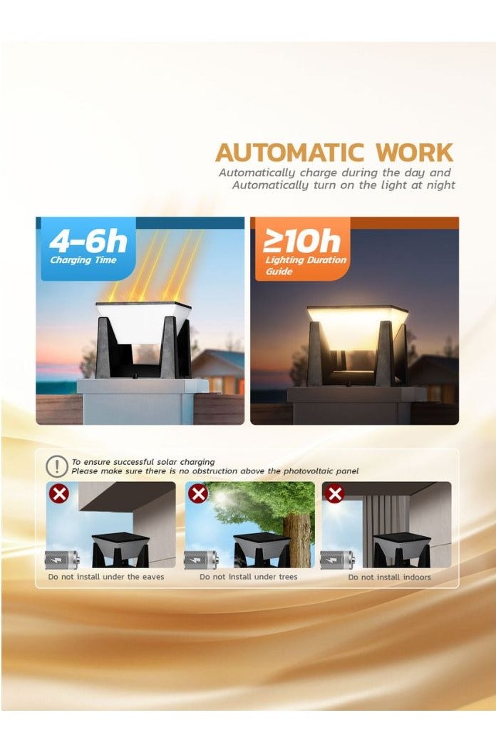 مودي مصابيح أعمدة شمسية خارجية - عبوة من 2 – إضاءة LED للأعمدة والأسوار والحدائق – 3 ألوان للضوء، مقاومة للماء IP65، تشغيل تلقائي من الغروب حتى الشروق - Image 4
