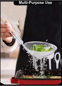 A TO Z 32 cm Stainless Steel Skimmer with Wooden Handle, 68 cm Total Length – Fine Mesh Strainer for Frying, Dumplings, Draining Large Batches, Commercial & Home Use  - Image 4