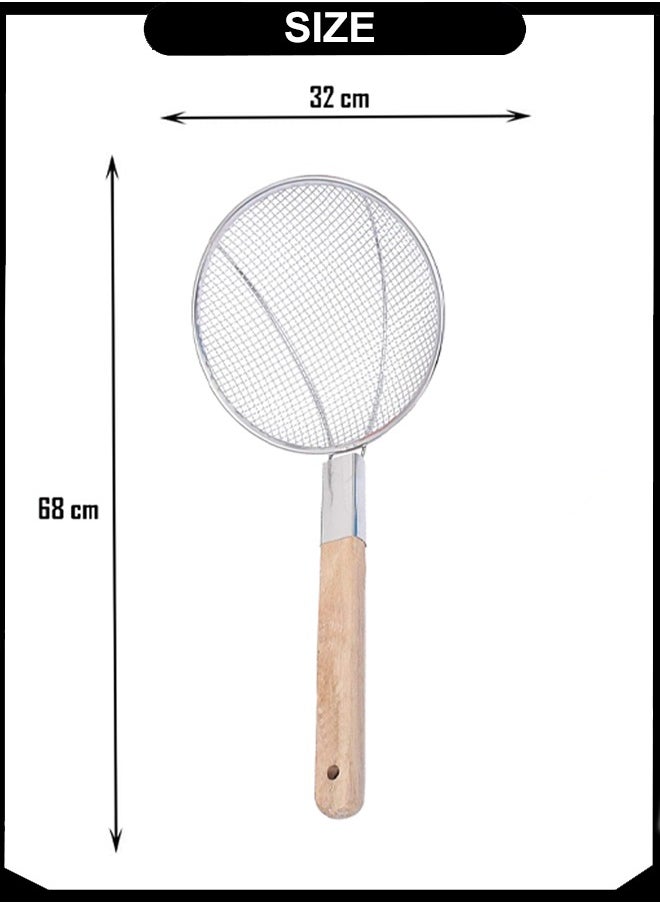 A TO Z 32 cm Stainless Steel Skimmer with Wooden Handle, 68 cm Total Length – Fine Mesh Strainer for Frying, Dumplings, Draining Large Batches, Commercial & Home Use  - Image 5