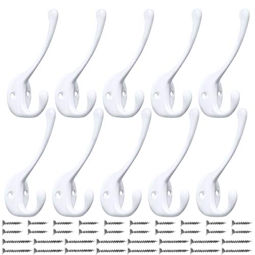 IBosins 10 Pack Heavy Duty Dual Coat Hooks Wall Mounted with 20 Screws Retro Double Hooks Utility Black Hooks for Coat Scarf Bag Towel Key Cap Cup Hat White 