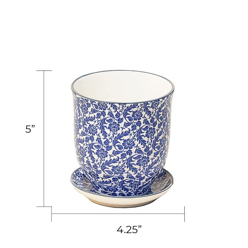 CHIVE â€˜Liberteâ€™ Ceramic Succulent Pots â€” 4.25â€ Cute Vintage Farmhouse Style Planters for Indoor Plants â€” Beautiful Home & Kitchen Decor â€” Blue Leaves - Image 4
