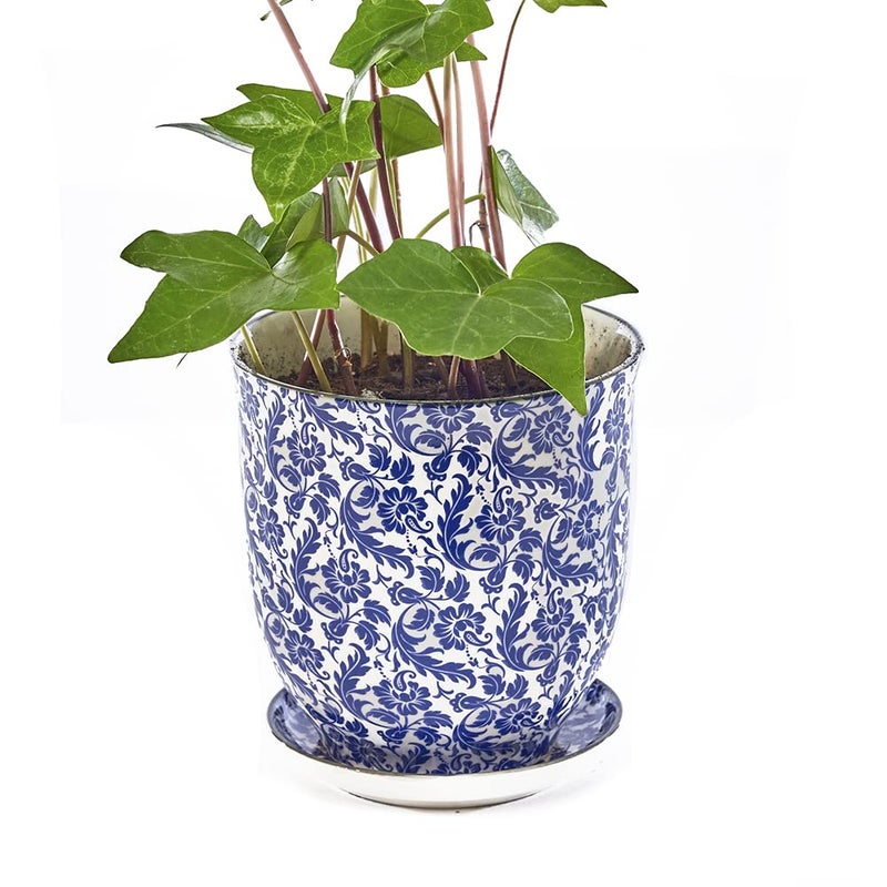 CHIVE â€˜Liberteâ€™ Ceramic Succulent Pots â€” 4.25â€ Cute Vintage Farmhouse Style Planters for Indoor Plants â€” Beautiful Home & Kitchen Decor â€” Blue Leaves - Image 1