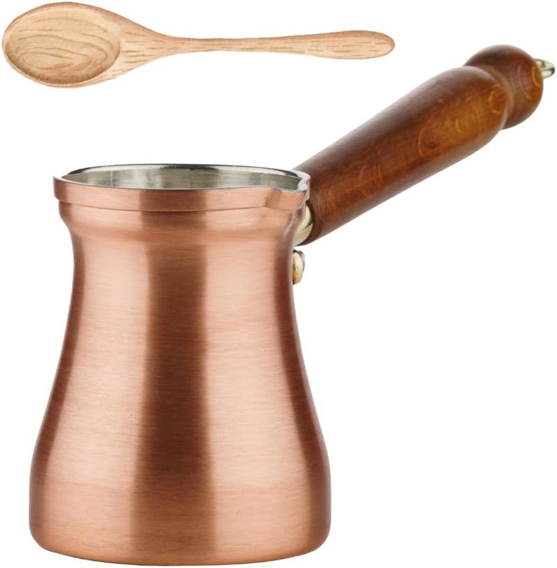 DEMMEX Summer 2024 Brushed Copper Turkish Coffee Pot, Cezve Ibrik Briki, Stovetop Coffee Maker, High Quality Copper & Wooden Handle & Tin Lining, 100% Handcrafted Copper, 8 fl Oz/2-3 ppl) - Image 1