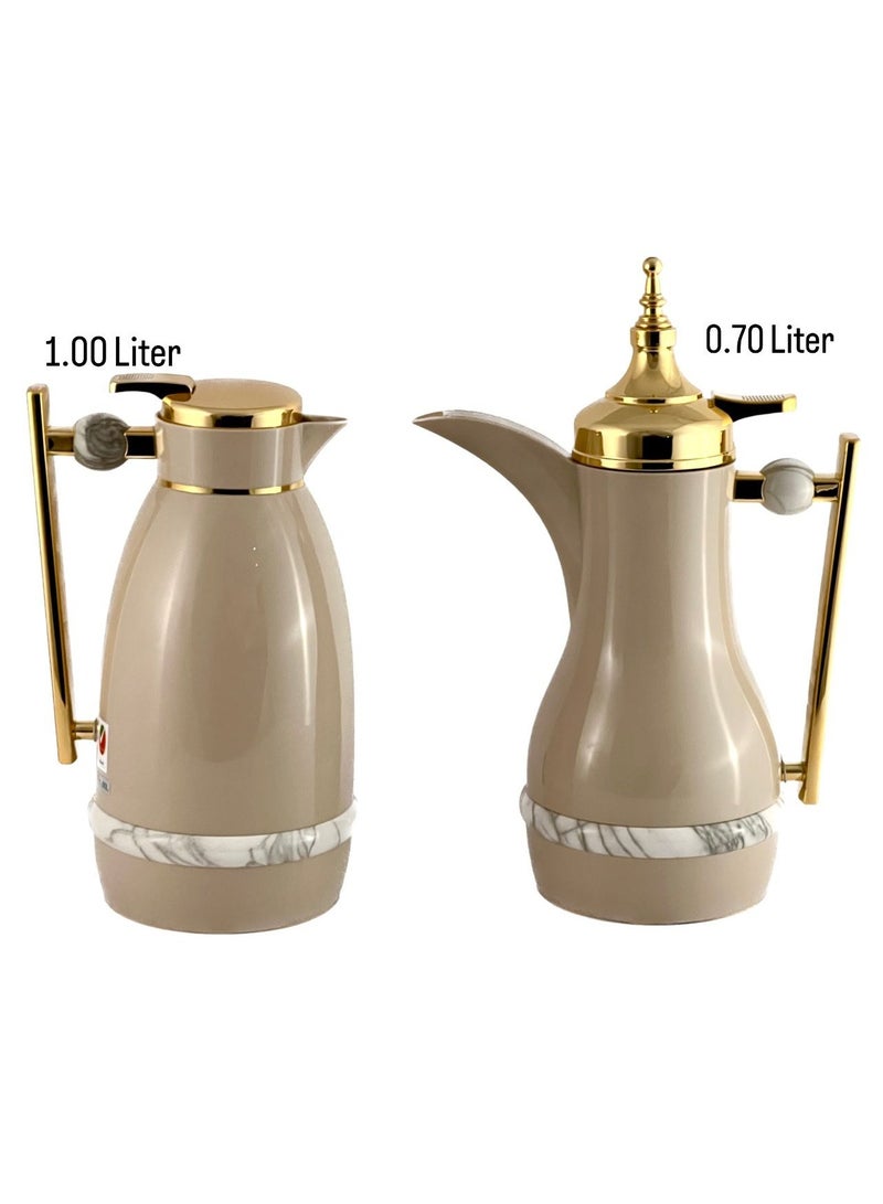 Homemaker 2-Piece Tea & Coffee Flask - 0.7 Liter & 1 Liter Capacity - Glass Inner - ABS Body - Light Coffee & Gold - Image 3