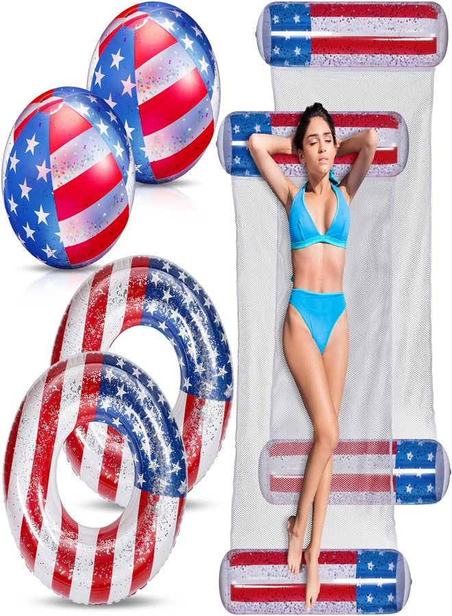 Lewtemi 6pcs 4th of July Inflatable Pool Float Set with USA Flag Lounger, Swim Ring, Beach Ball for Beach Party - Image 2