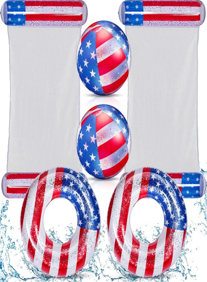 Lewtemi 6pcs 4th of July Inflatable Pool Float Set with USA Flag Lounger, Swim Ring, Beach Ball for Beach Party - Image 1