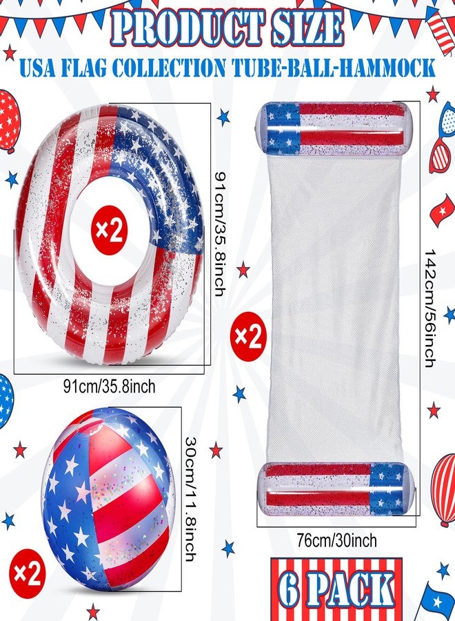Lewtemi 6pcs 4th of July Inflatable Pool Float Set with USA Flag Lounger, Swim Ring, Beach Ball for Beach Party - Image 3
