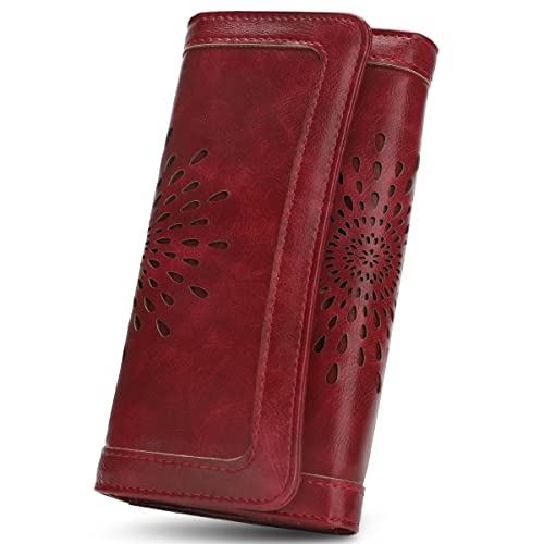 APHISON Womens Wallets RFID Blocking PU Leather Clutch Long Wallet for Women Card Holder Phone Organizer Ladies Travel Purse Hollow Out Sunflower Design Gift Box 2214 Red - Image 1