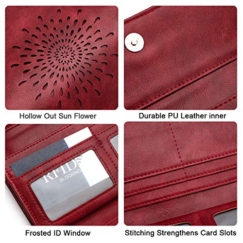 APHISON Womens Wallets RFID Blocking PU Leather Clutch Long Wallet for Women Card Holder Phone Organizer Ladies Travel Purse Hollow Out Sunflower Design Gift Box 2214 Red - Image 5