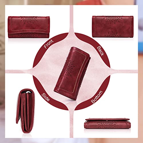 APHISON Womens Wallets RFID Blocking PU Leather Clutch Long Wallet for Women Card Holder Phone Organizer Ladies Travel Purse Hollow Out Sunflower Design Gift Box 2214 Red - Image 3