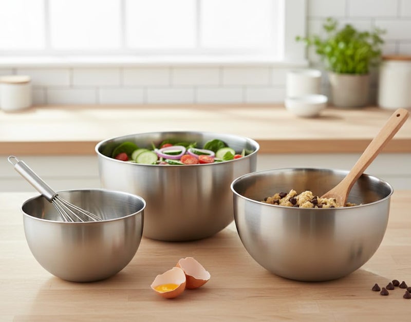 Gluman Stainless Steel Mixing Bowls for Kitchen | Mixing Bowl for Cake Batter | Kitchen and Baking Accessories Items | Set of 3 Pieces (4500ml, 2500ml, 1500ml) - Silver (Set of 3 Mixing Bowls) - Image 3