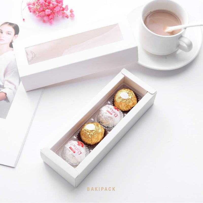 BAKIPACK 20 Truffle Boxes, Chocolate Boxes, White Candy Boxes with 4-Piece Plastics Tray (Tray Size with 5.75x1.25 Inches), Pull Out Packing with Clear Window Sleeves, White - Image 2