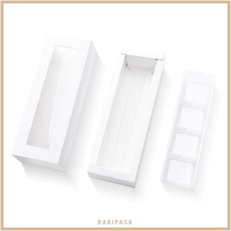 BAKIPACK 20 Truffle Boxes, Chocolate Boxes, White Candy Boxes with 4-Piece Plastics Tray (Tray Size with 5.75x1.25 Inches), Pull Out Packing with Clear Window Sleeves, White - Image 5