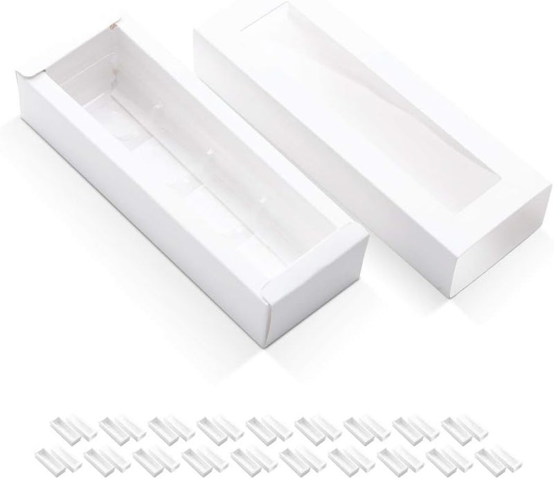BAKIPACK 20 Truffle Boxes, Chocolate Boxes, White Candy Boxes with 4-Piece Plastics Tray (Tray Size with 5.75x1.25 Inches), Pull Out Packing with Clear Window Sleeves, White - Image 1