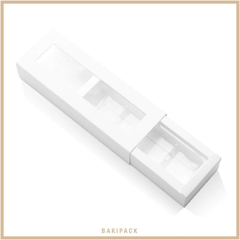 BAKIPACK 20 Truffle Boxes, Chocolate Boxes, White Candy Boxes with 4-Piece Plastics Tray (Tray Size with 5.75x1.25 Inches), Pull Out Packing with Clear Window Sleeves, White - Image 4