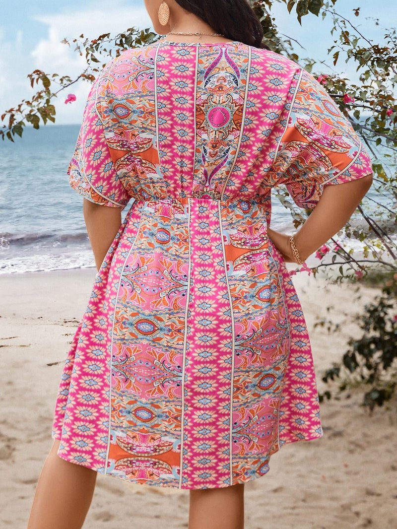 Floerns Women's Plus Size Wrap V Neck Short Sleeve Ruffle Hem A Line Short Dress Pink Tribal 0XL - Image 2