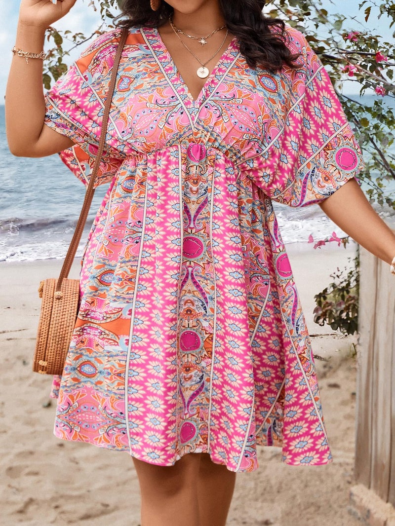 Floerns Women's Plus Size Wrap V Neck Short Sleeve Ruffle Hem A Line Short Dress Pink Tribal 0XL - Image 4