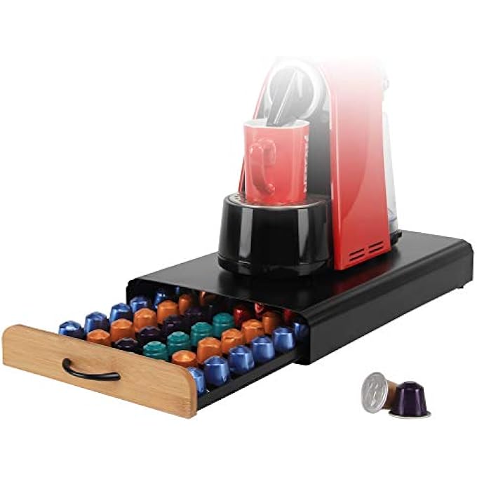 فلاج شيب حامل كبسولات قهوة لكبسولات نسبرسو الأصلية، درج تخزين الكبسولات، سعة 60 كبسولة، درج قهوة أسود معدني من الخيزران - Image 1