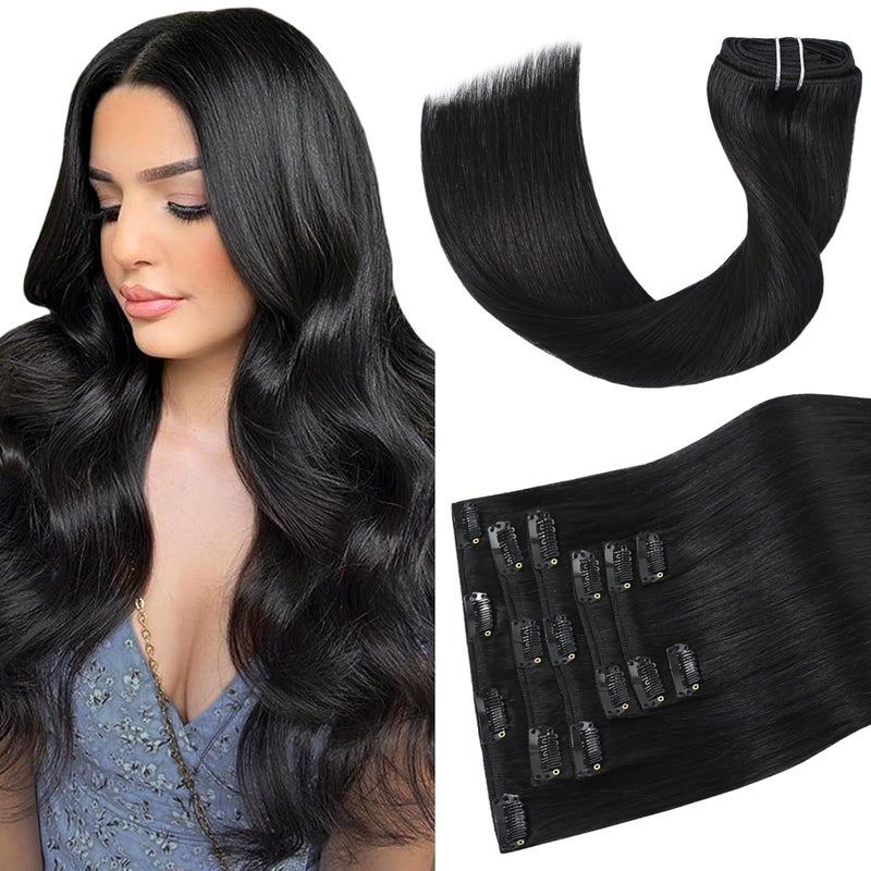 Aison Natural Black Clip in Hair Extensions Real Human Hair 70G Human Hair clip in Extensions Soft Silky Straight 7pcs 16clips Hair Extensions 15 Inch