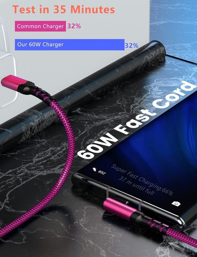 Eversame 2-Pack USB C to USB C Cable 60W, 10ft+10ft Right Angle 90 Degree USB Type C Charger Fast Charging Cord for iPhone 17 Pro Max/16/15/14/Samsung S25/S24/S23, MacBook, C Port iPad Mini/Air/Pro(Pink) - Image 4