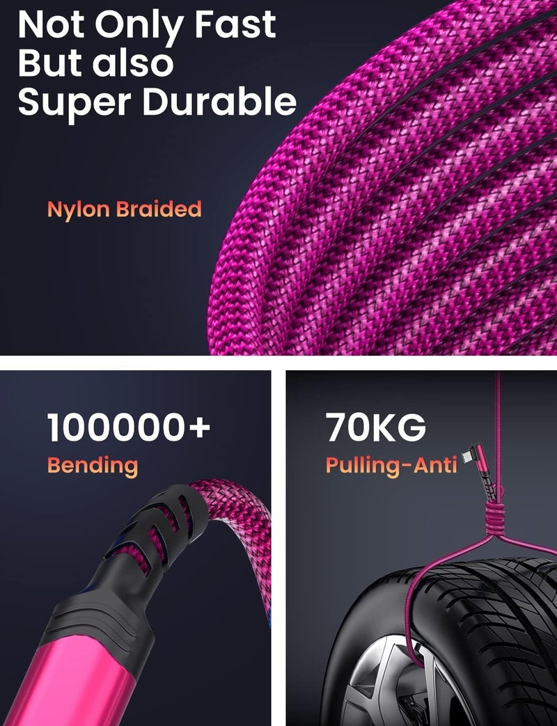 Eversame 2-Pack USB C to USB C Cable 60W, 10ft+10ft Right Angle 90 Degree USB Type C Charger Fast Charging Cord for iPhone 17 Pro Max/16/15/14/Samsung S25/S24/S23, MacBook, C Port iPad Mini/Air/Pro(Pink) - Image 5