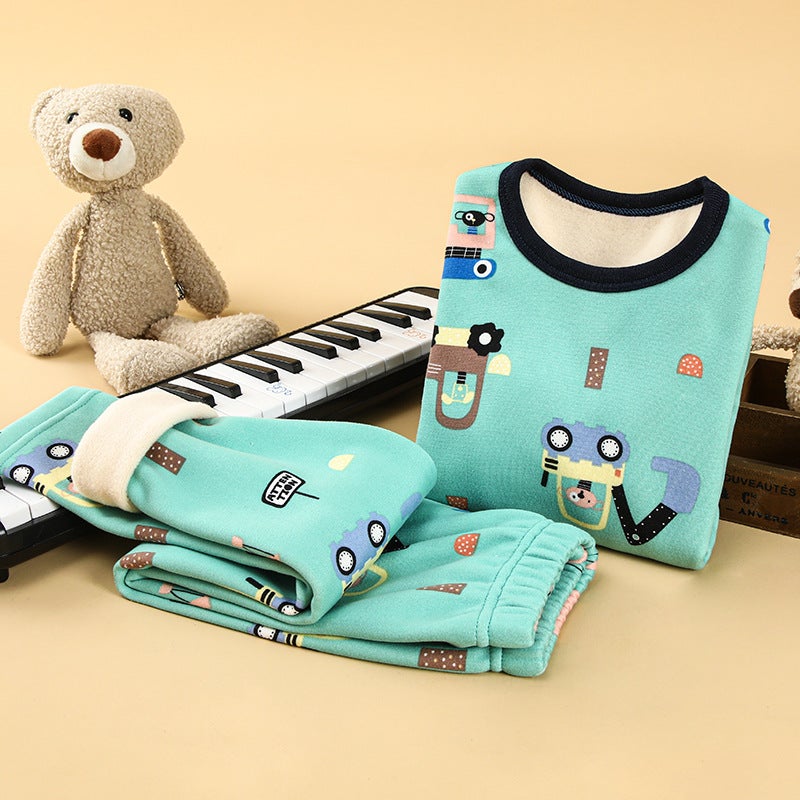 Kids Warm Velvet Cotton Underwear Set Green car (plus velvet) 