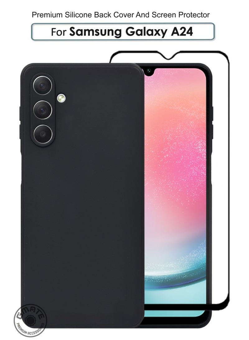 GMATE Samsung Galaxy A24 - Soft Flexible Silicone Protective Back Case Cover And Tempered Glass Screen Protector - Black - Image 1