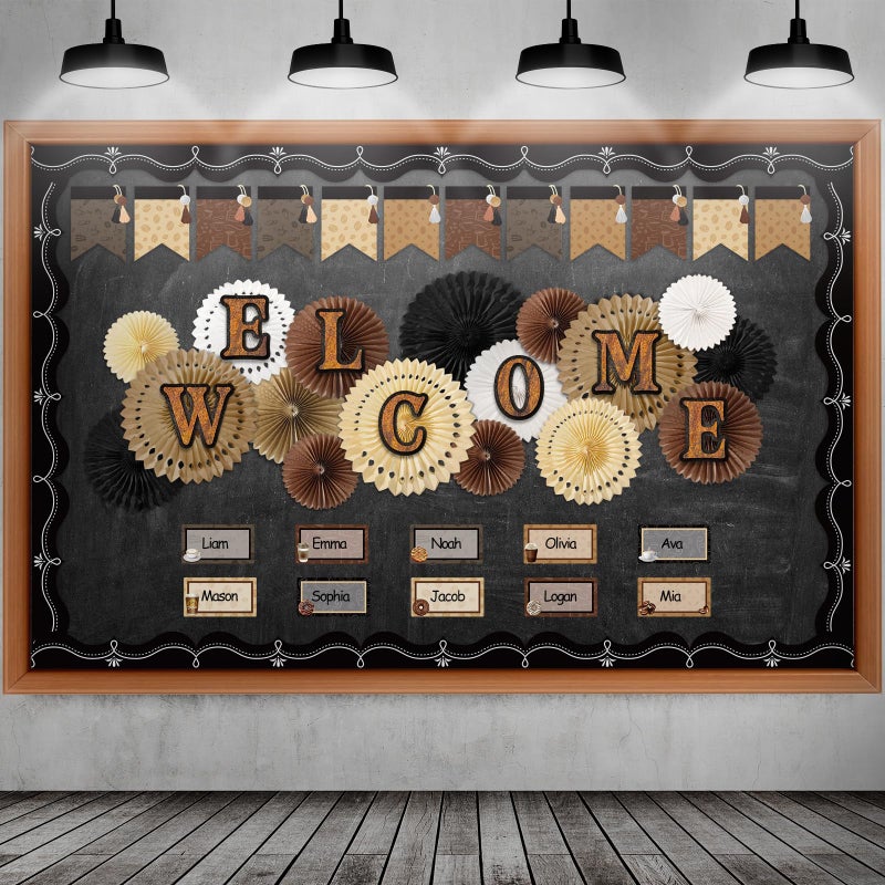 Qilery Welcome Bulletin Board Sets Welcome Back Classroom Decorations Bulletin Board Nameplate Cutout Paper Fans Banner for Back to School Chalkboard Wall Decor(Macaron) - Image 1