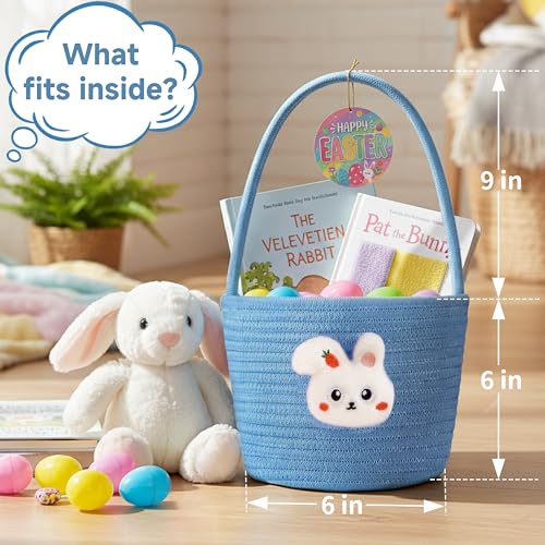 Yeeeasy Easter Basket for Kids Adorable Plush Bunny Face Woven Egg Hunt Bucket with Handle Soft First Easter Gift Tote Bag Nursery Toy Storage Bin with Tag Blue - Image 3