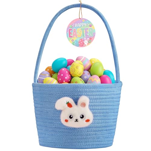 Yeeeasy Easter Basket for Kids Adorable Plush Bunny Face Woven Egg Hunt Bucket with Handle Soft First Easter Gift Tote Bag Nursery Toy Storage Bin with Tag Blue - Image 1