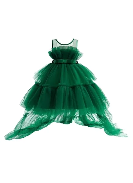 دىدانيالا D' Daniela - Toddler Girls Bow Front Ruffle Hem Mesh Gown Dress Green with long tail