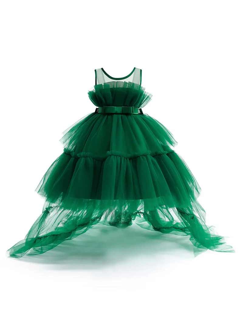 دىدانيالا D' Daniela - Toddler Girls Bow Front Ruffle Hem Mesh Gown Dress Green with long tail